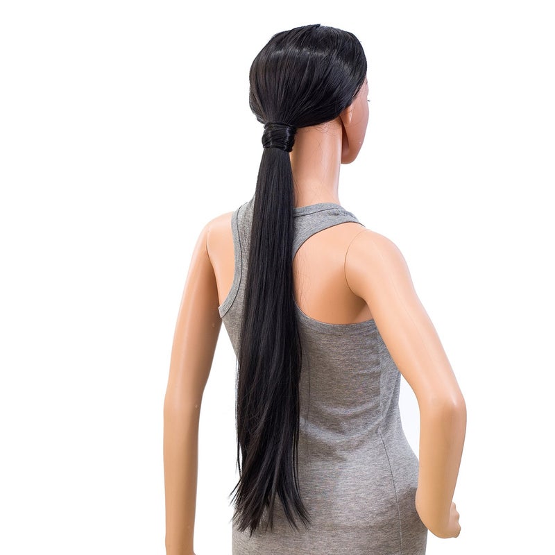 SWACC Women Long Straight/Curly Wavy Wrap Around Ponytail Extension Synthetic Hair Piece Clip in Hair extensions (Straight, 1B#-Off Black) - Image 3